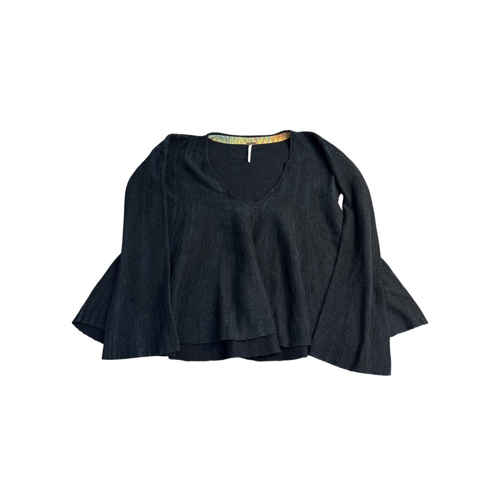 Free People Womens Black V-Neck Bell Sleeve Cotton Linen Blend Sweater Small
